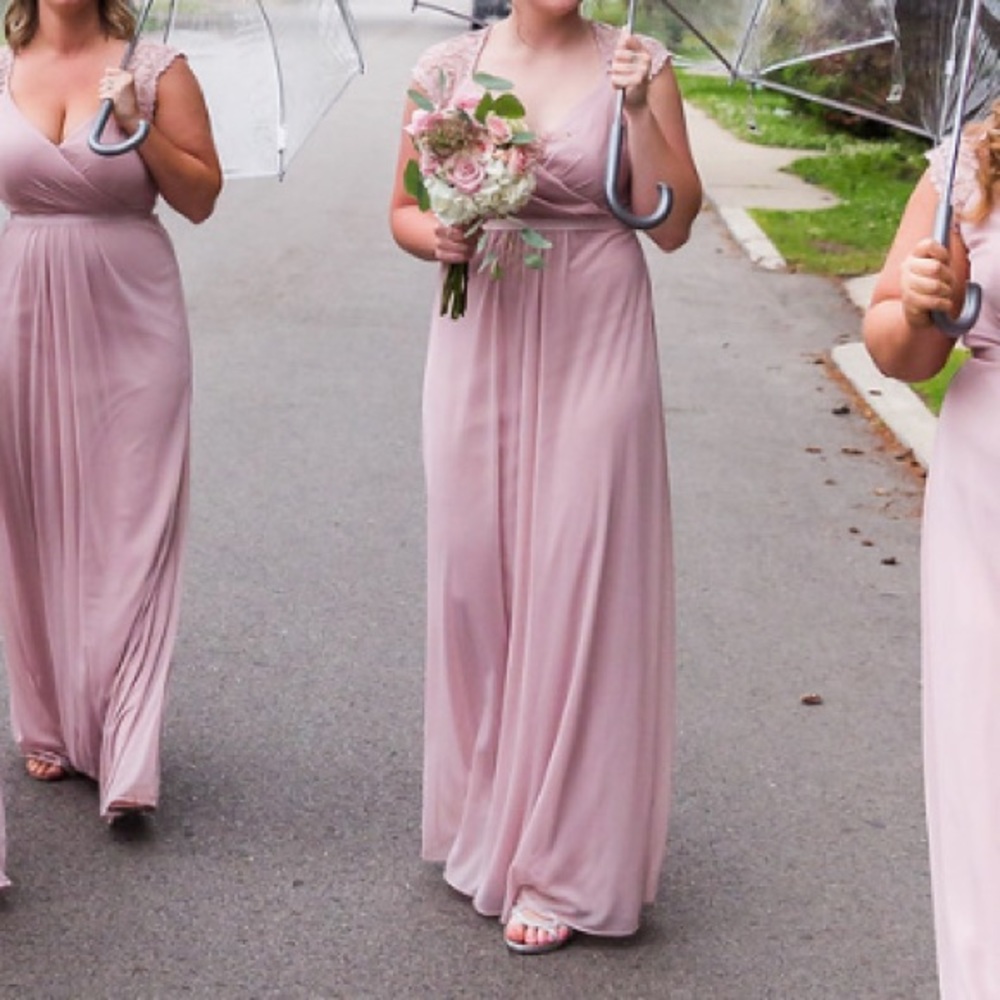 DavidsBridal Long Mesh Dress with Lace Cap Sleeves
